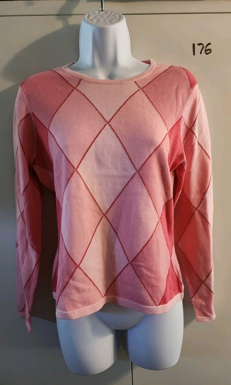Vintage Talbots Petites Pink Argyle Sweater Small 100% Cotton Crewneck Y2K 90s